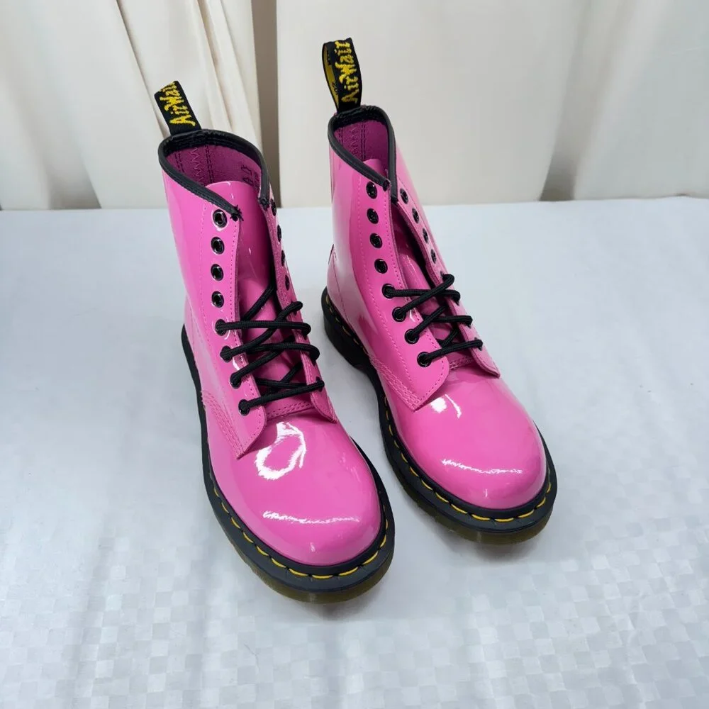 Dr. Martens 1460 Women's Patent Leather Lace Up Boots in Thrift Pink - Picture 5 of 13